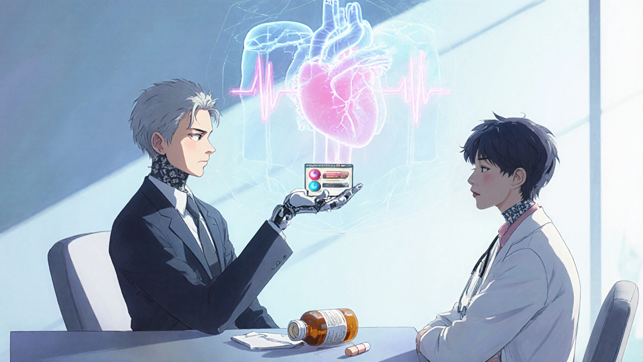 A doctor offers statin alternatives to a patient, with a discarded vitamin D bottle and a glowing heart in the background.