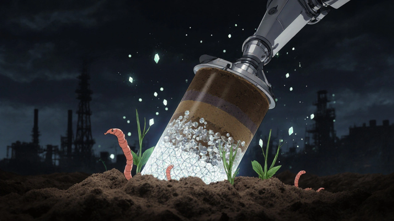 A robotic arm lifts soil showing toxins being locked in place by white crystals, with worms and roots growing back.