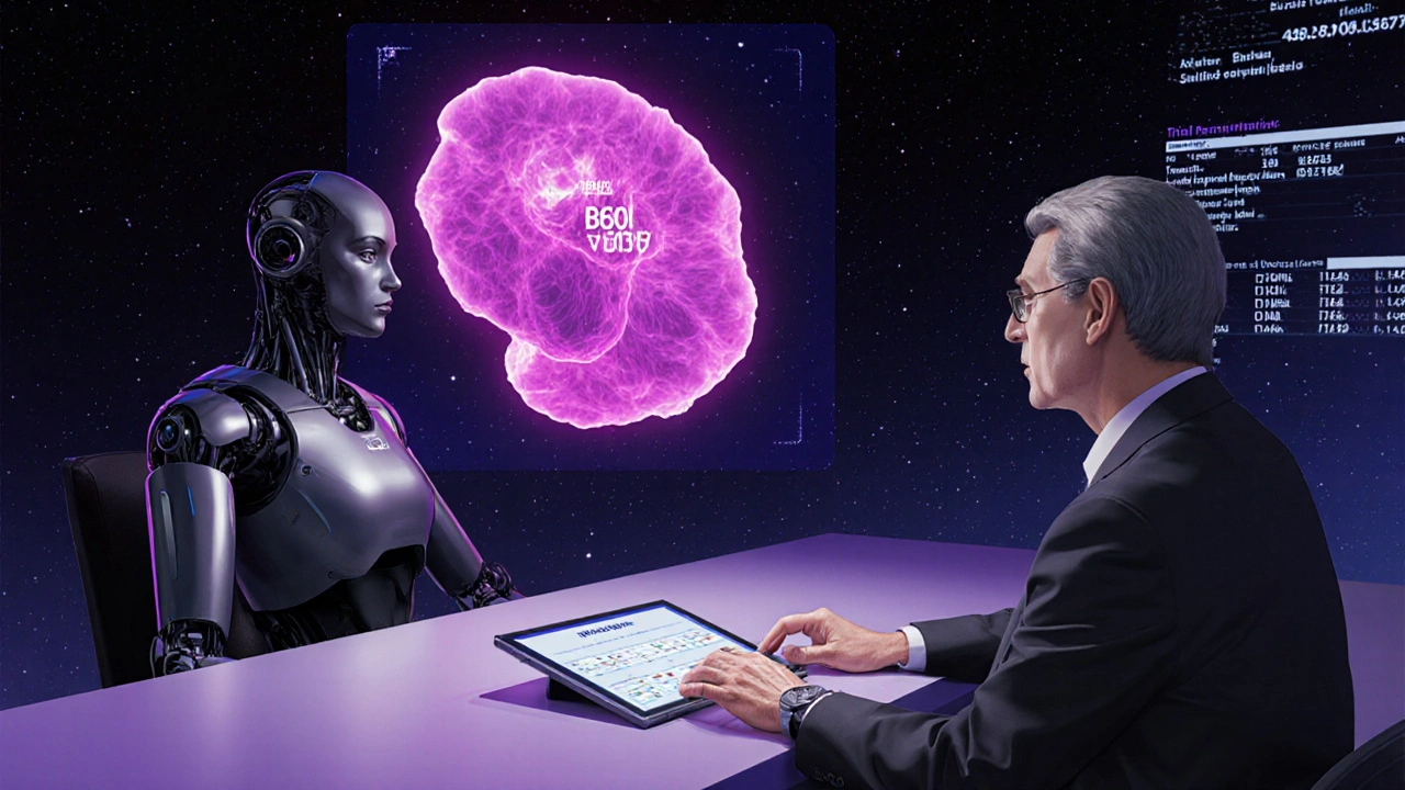 AI doctor presenting a holographic melanoma tumor to a patient in a clinic.