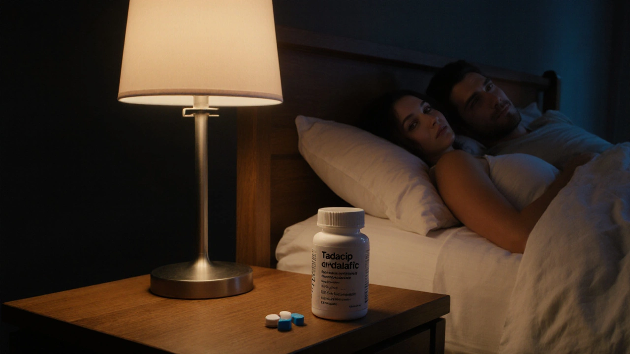 Bedroom nightstand with an open tadalafil bottle and a single pill, conveying relaxed, long‑lasting effect.