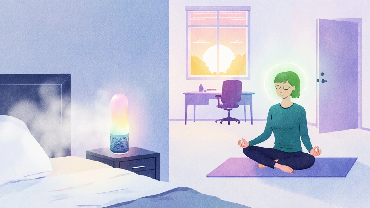 Bedroom scene showing white‑noise machine, meditation, and hint of therapy session for coping with tinnitus.