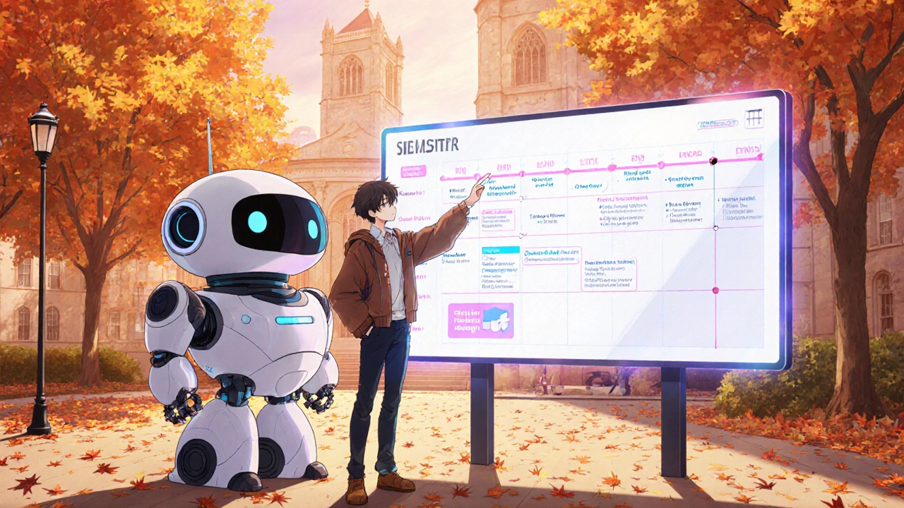 Campus courtyard, student and large support robot reviewing a semester timeline on a holographic board.
