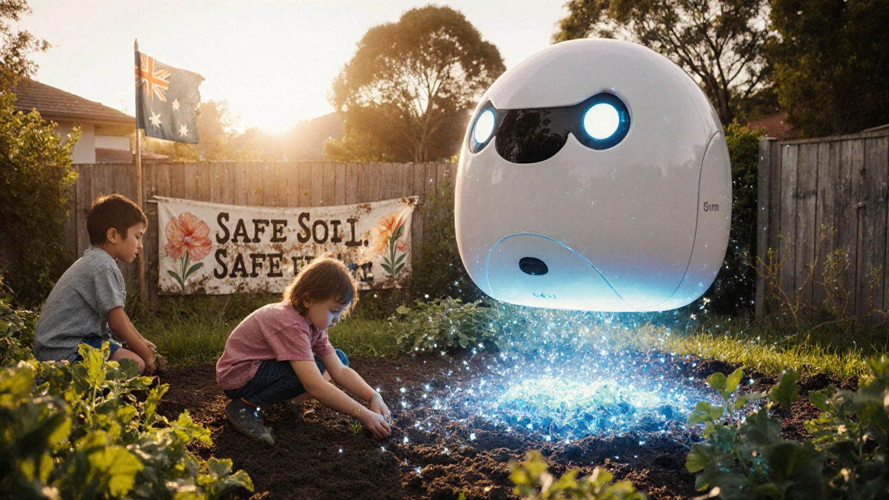 Children garden safely over restored soil as invisible toxins are bound below, a calm robot hovers nearby.