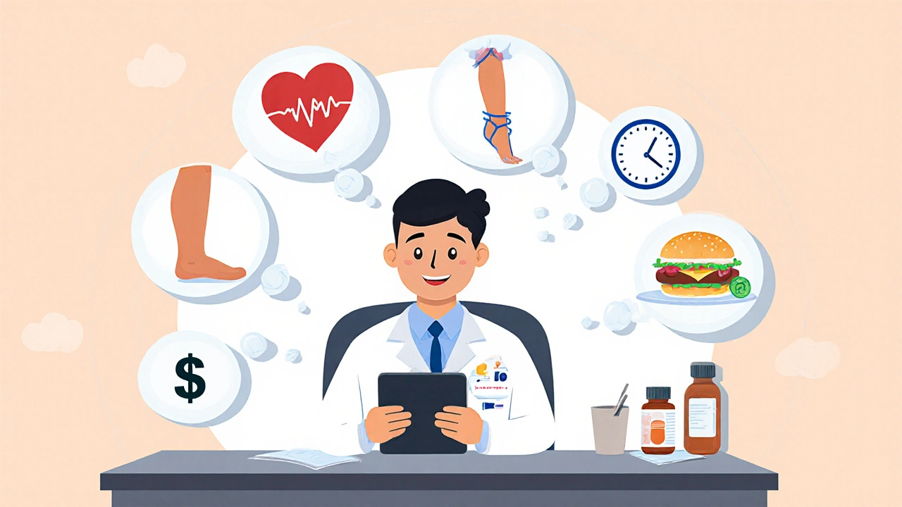 Clinician with thought bubbles showing factors for choosing antipsychotics.
