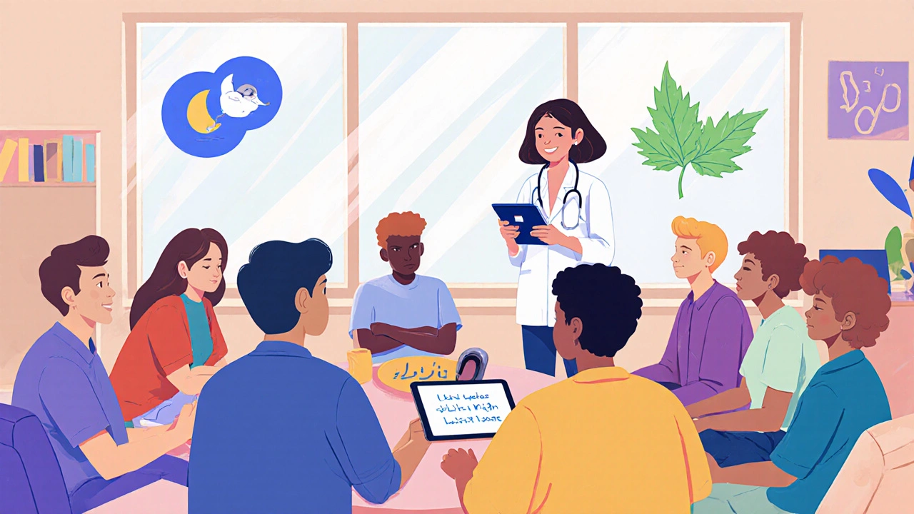 Community group meeting with audiologist, illustrating support and professional help for tinnitus.