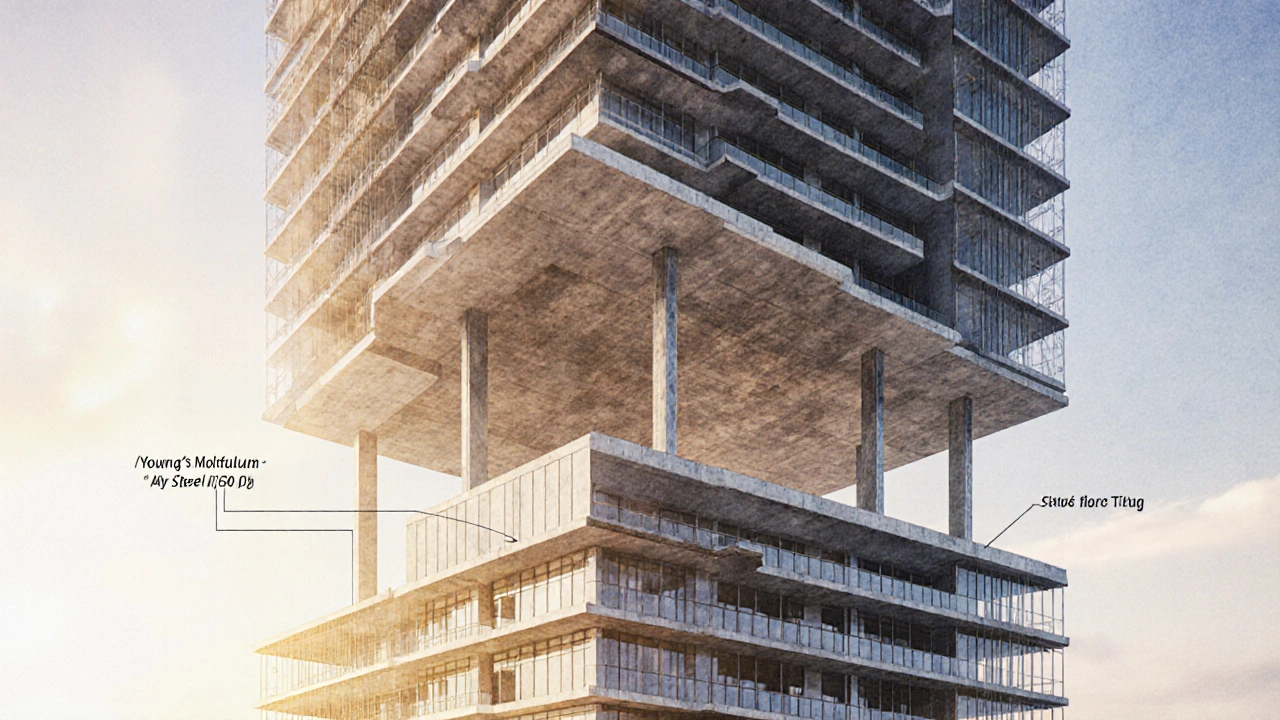 Cut-away illustration of a tall office tower highlighting a thin composite floor slab and its stiffness details.