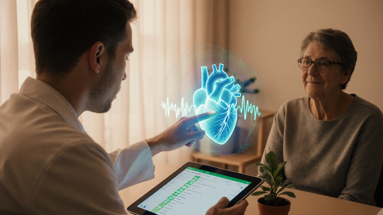 Doctor and patient discussing treatment with a holographic heart projection.