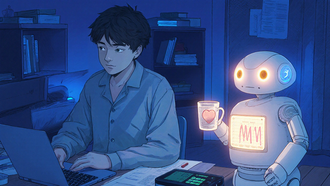 Dorm room at night, student studying with a hovering robot offering water and dose reminder.
