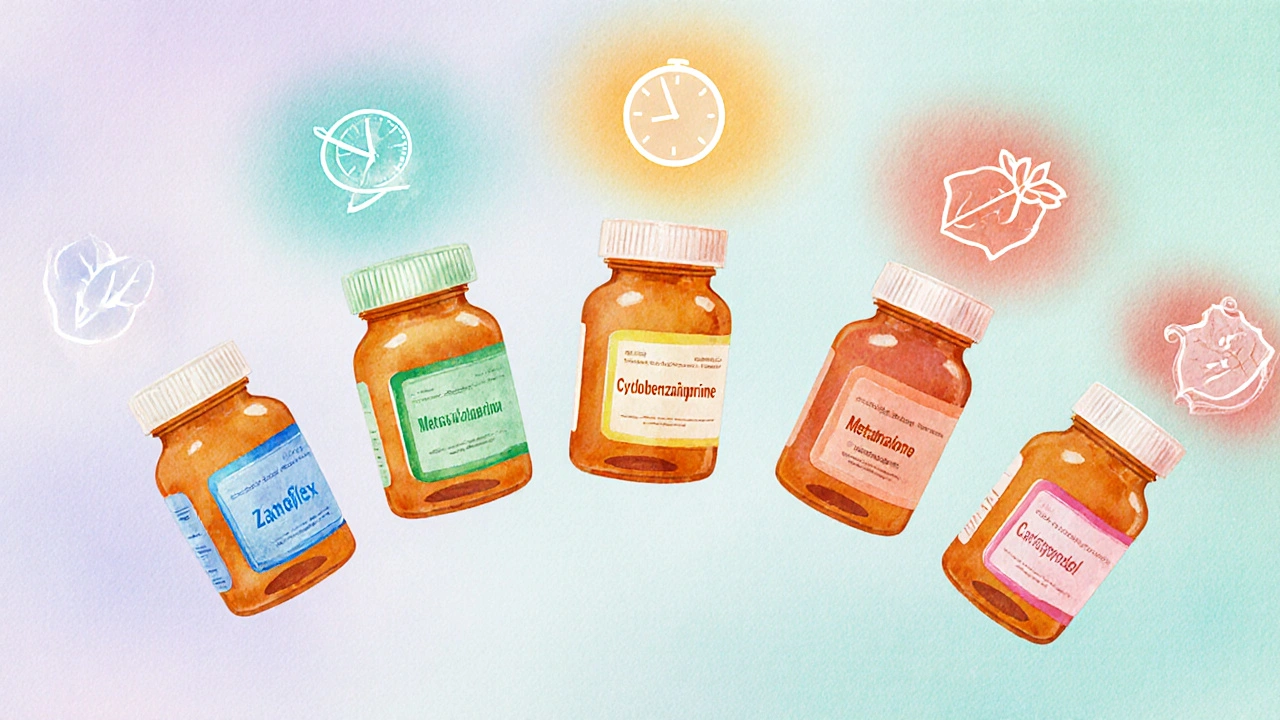 Five prescription bottles emitting colored glows to suggest different muscle relaxants.