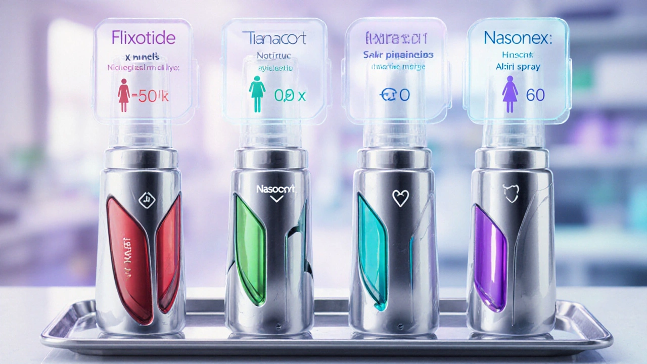 Four futuristic nasal spray devices displayed side by side with holographic dosage info above each.