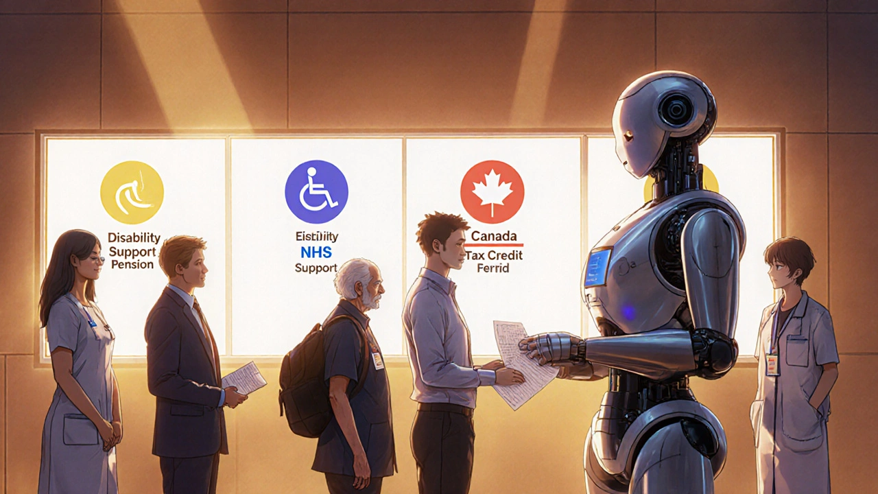 Group of patients receiving assistance forms from a service robot in a government office.