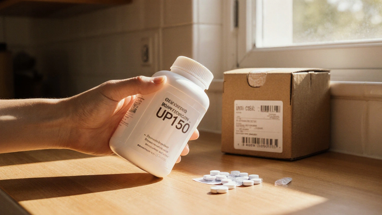 Hand examining a bottle of generic Wellbutrin tablets against a sunny kitchen window.