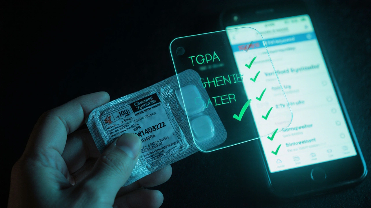 Hand holding Zyrtec blister pack next to phone showing TGA site and checklist.