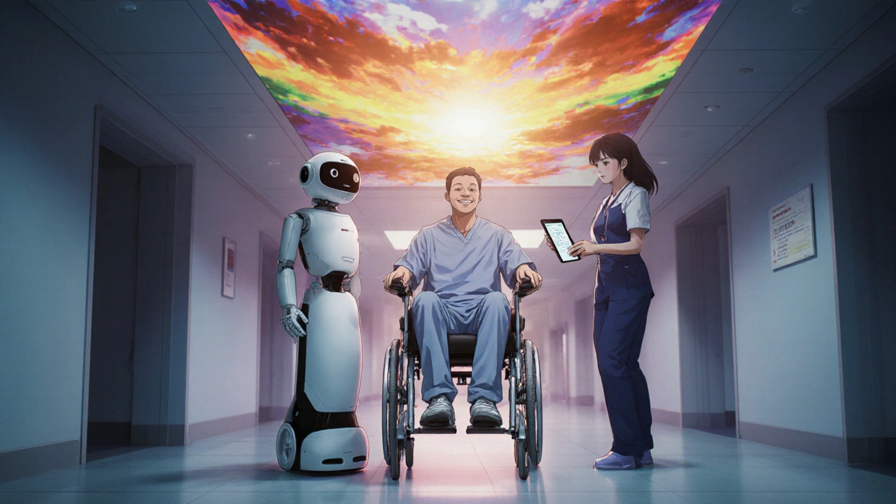 Hospital hallway showing patient discharged with help from an anesthesia nurse and robot.