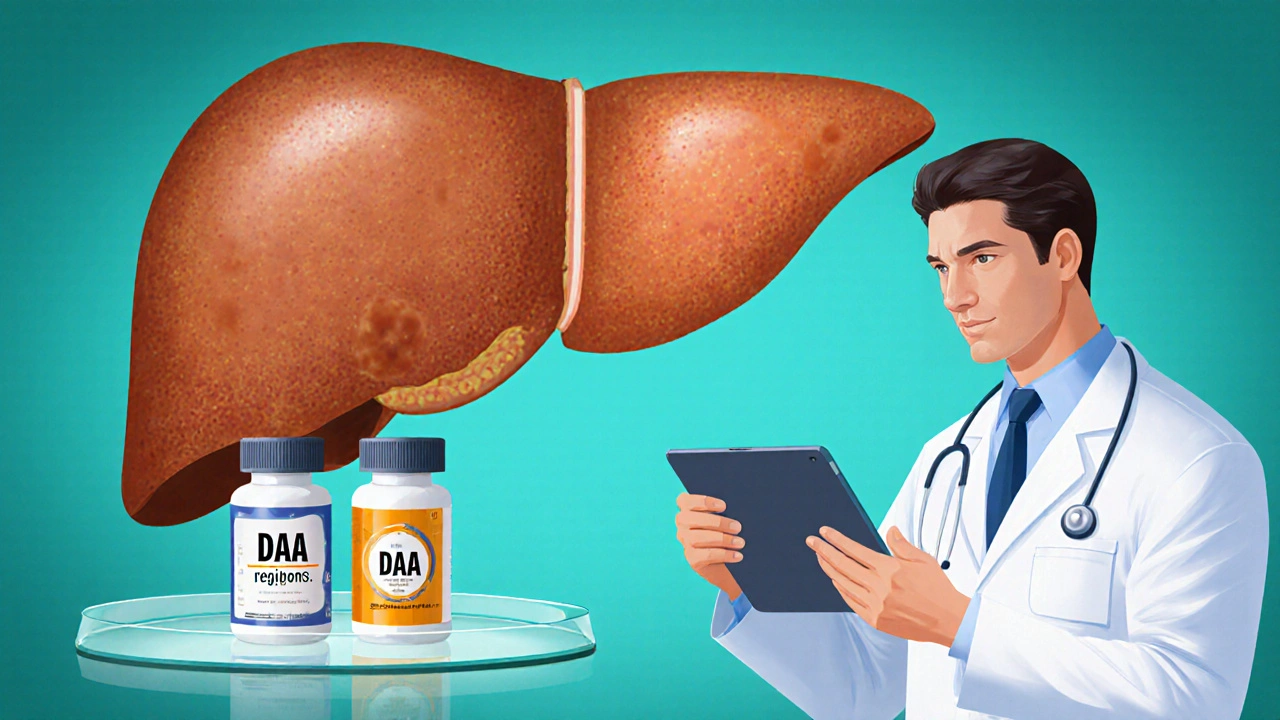 Illustrated liver with antiviral pills and doctor discussing treatment.