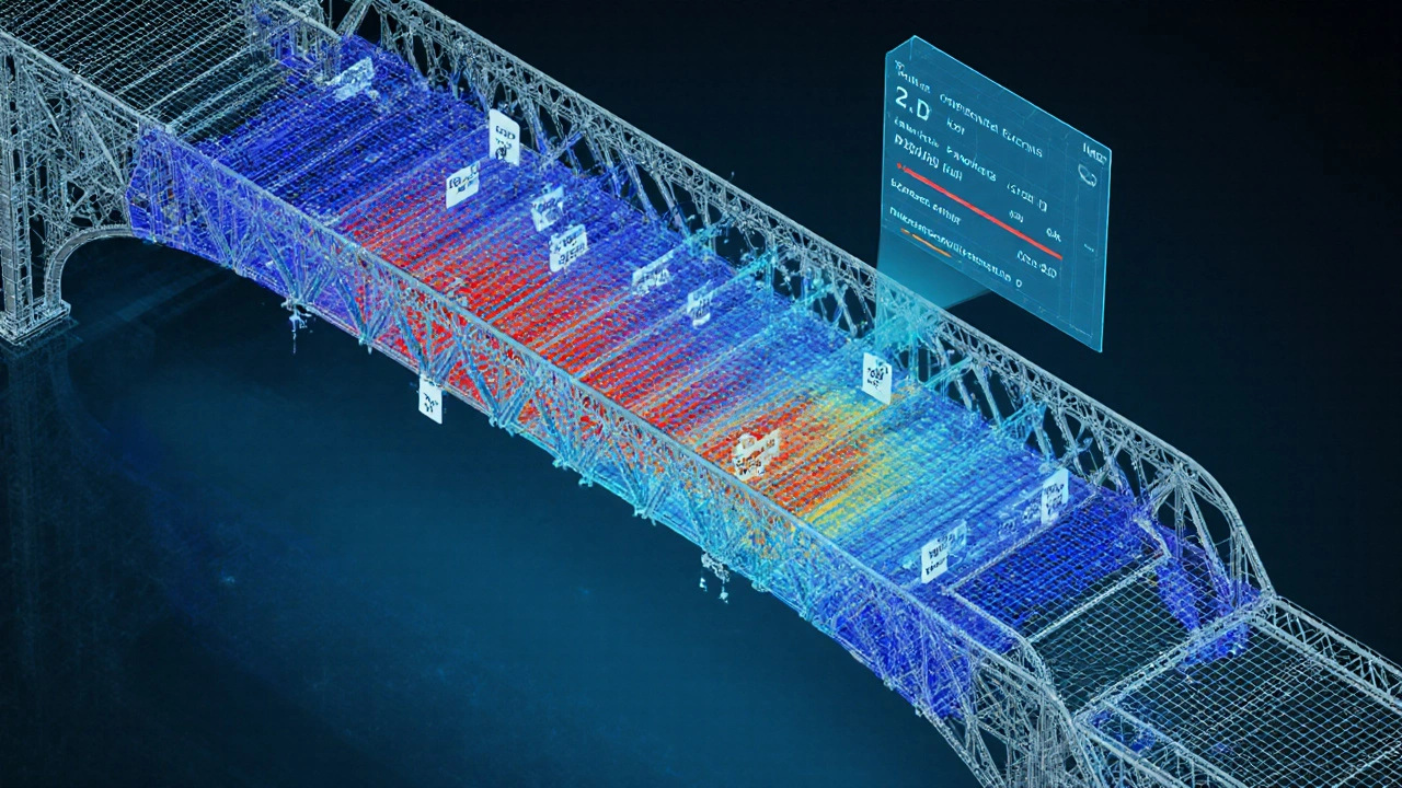 Isometric bridge model with a heat‑map showing flexible (red) and stiff (blue) areas from finite element analysis.