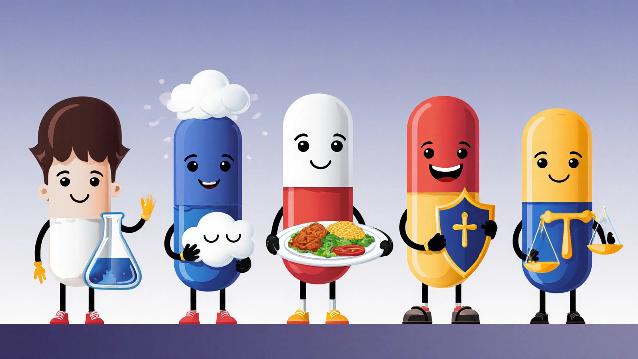 Lineup of cartoon pill characters representing different antipsychotics.