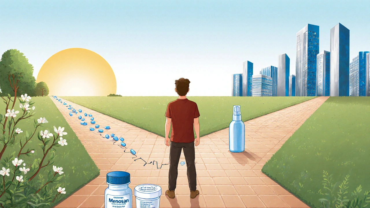 Man at a forked road choosing between natural Menosan path and clinical treatment path.