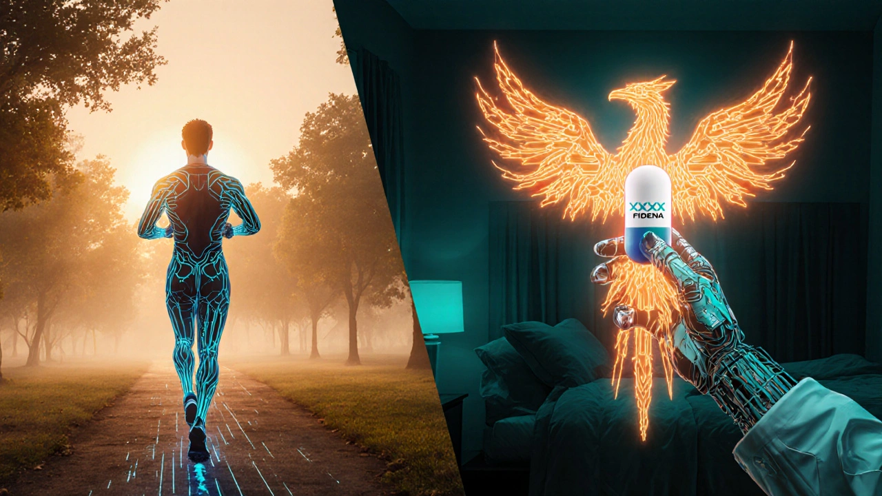 Man jogging at sunrise with glowing blood flow, next to him a phoenix emerging from a pill.