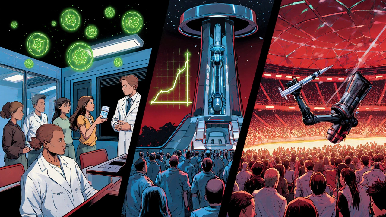 Manga panels showing Phase I‑IV melanoma trial stages with futuristic robots.