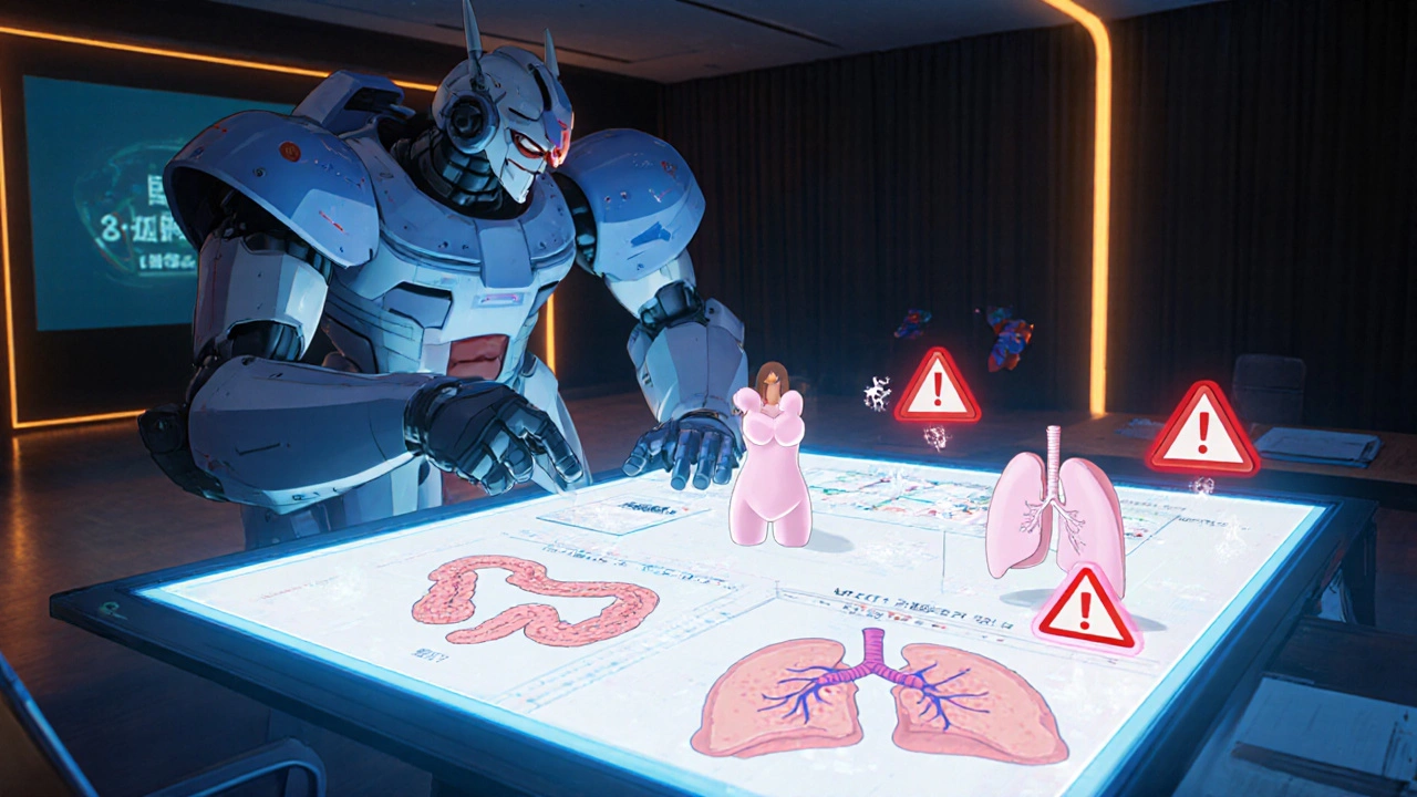 Mecha doctor presents holographic trial data with shrinking polyps and cardiovascular warnings.