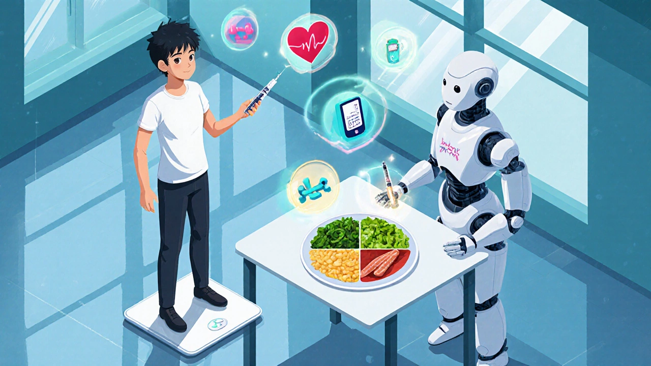 Patient combines insulin, GLP‑1 injection, and exercise with a helpful robot.