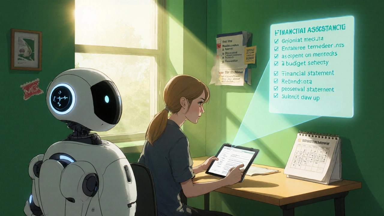 Patient using a tablet and robot hologram to complete a financial aid checklist at home.