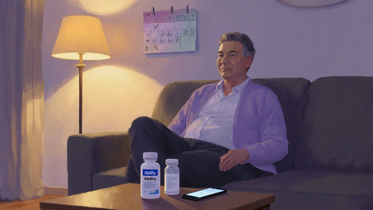 Person at home setting a medication reminder with pill bottle nearby.