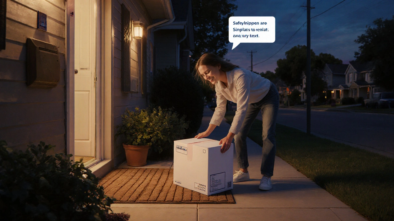 Person receives a discreet delivery box at the front door with a phone tracking notification.
