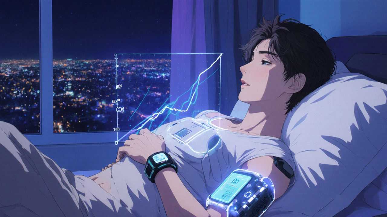Person uses a closed‑loop insulin pump at night with a robot adjusting rates.