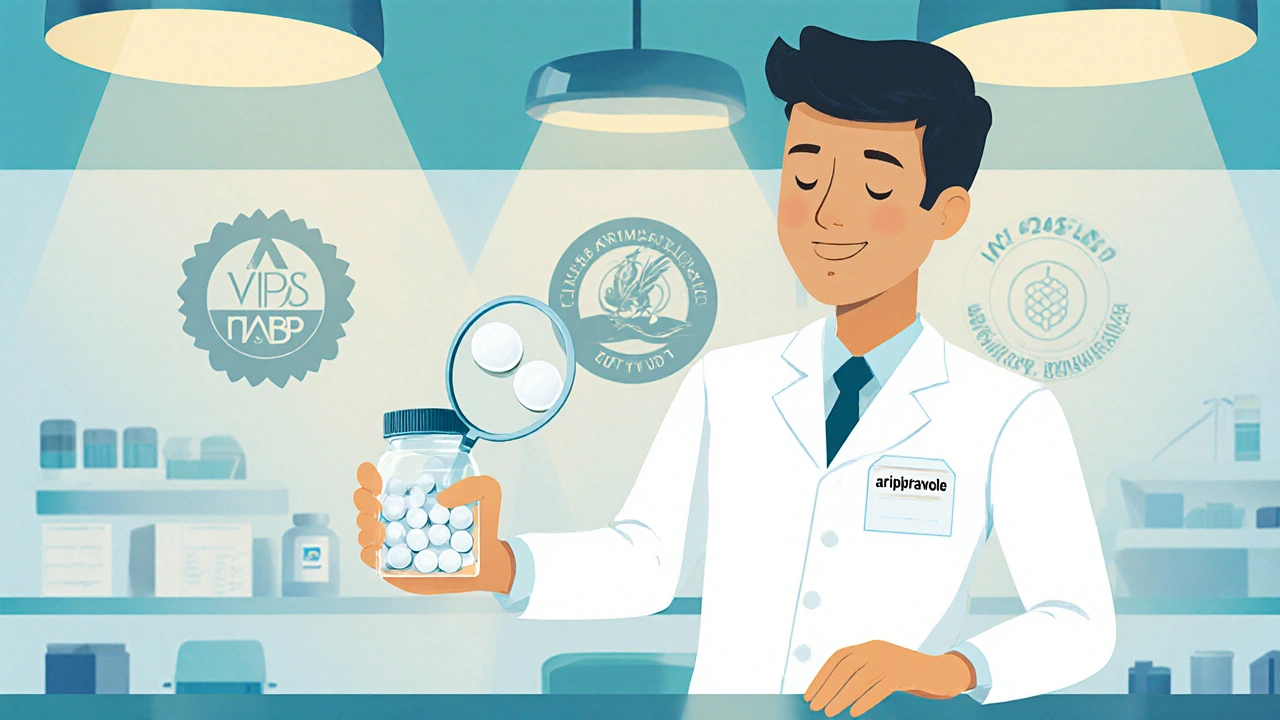 Pharmacist examining a generic aripiprazole tablet with magnifying glass.