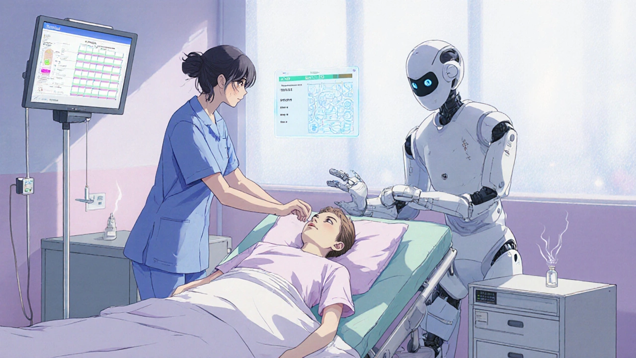 Recovery bay where nurse and robot manage pain relief and anti‑nausea for a patient.