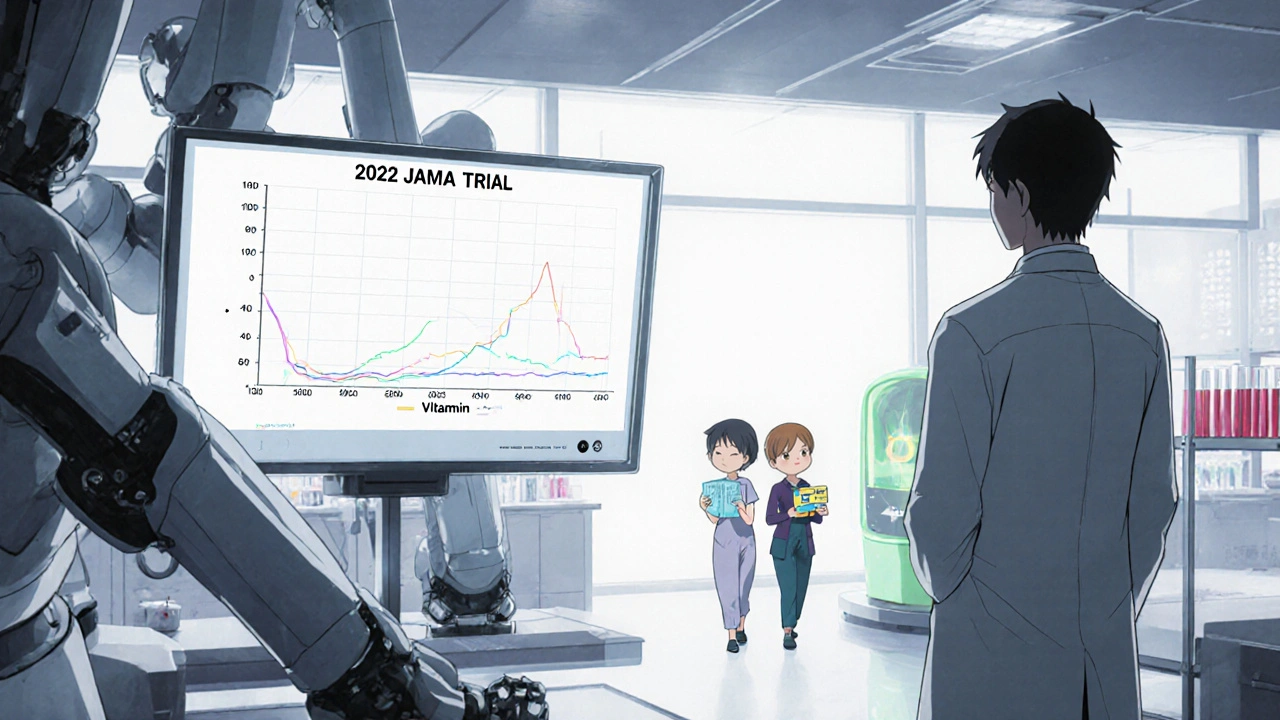 Robotic arms analyze blood samples in a lab, with a flatline graph showing no benefit from vitamin D supplements.