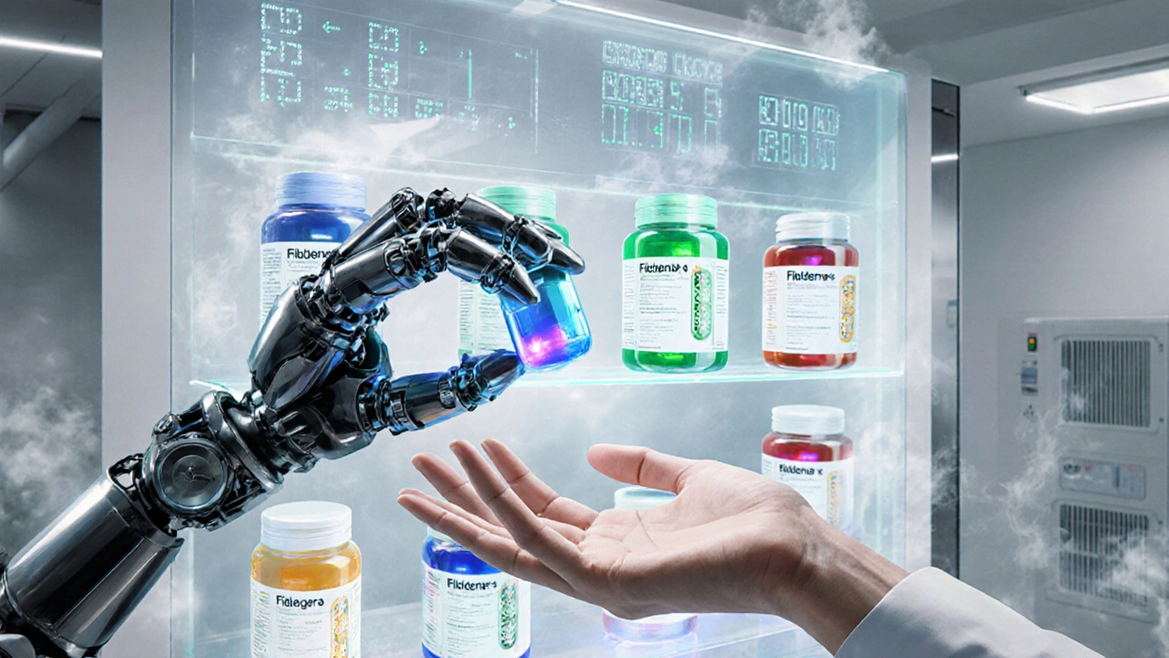 Robotic pharmacy with floating medication pods and holographic drug comparisons.