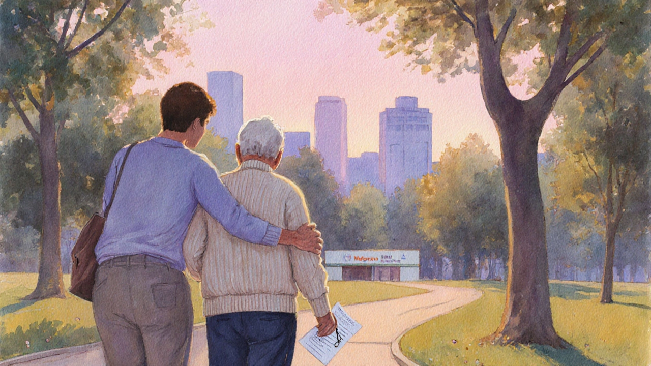 Senior and caregiver enjoying a walk, carrying medication list.