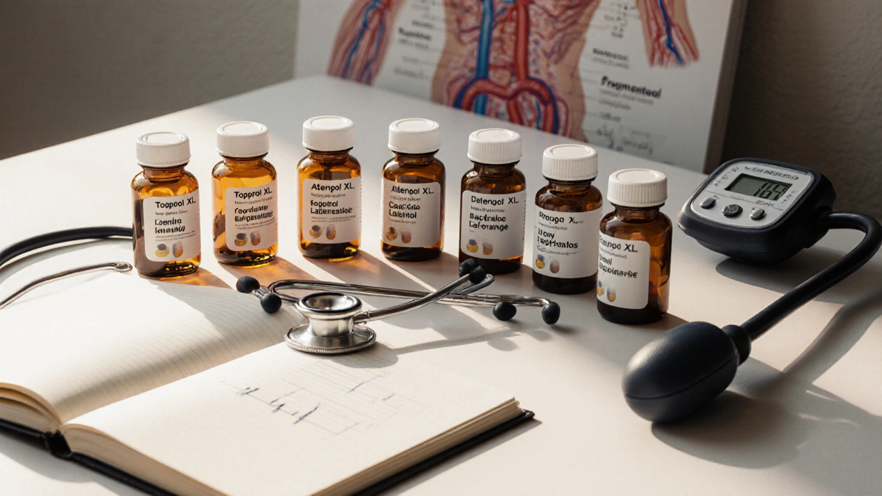 Six pill bottles of different beta‑blockers arranged with medical tools on a desk.