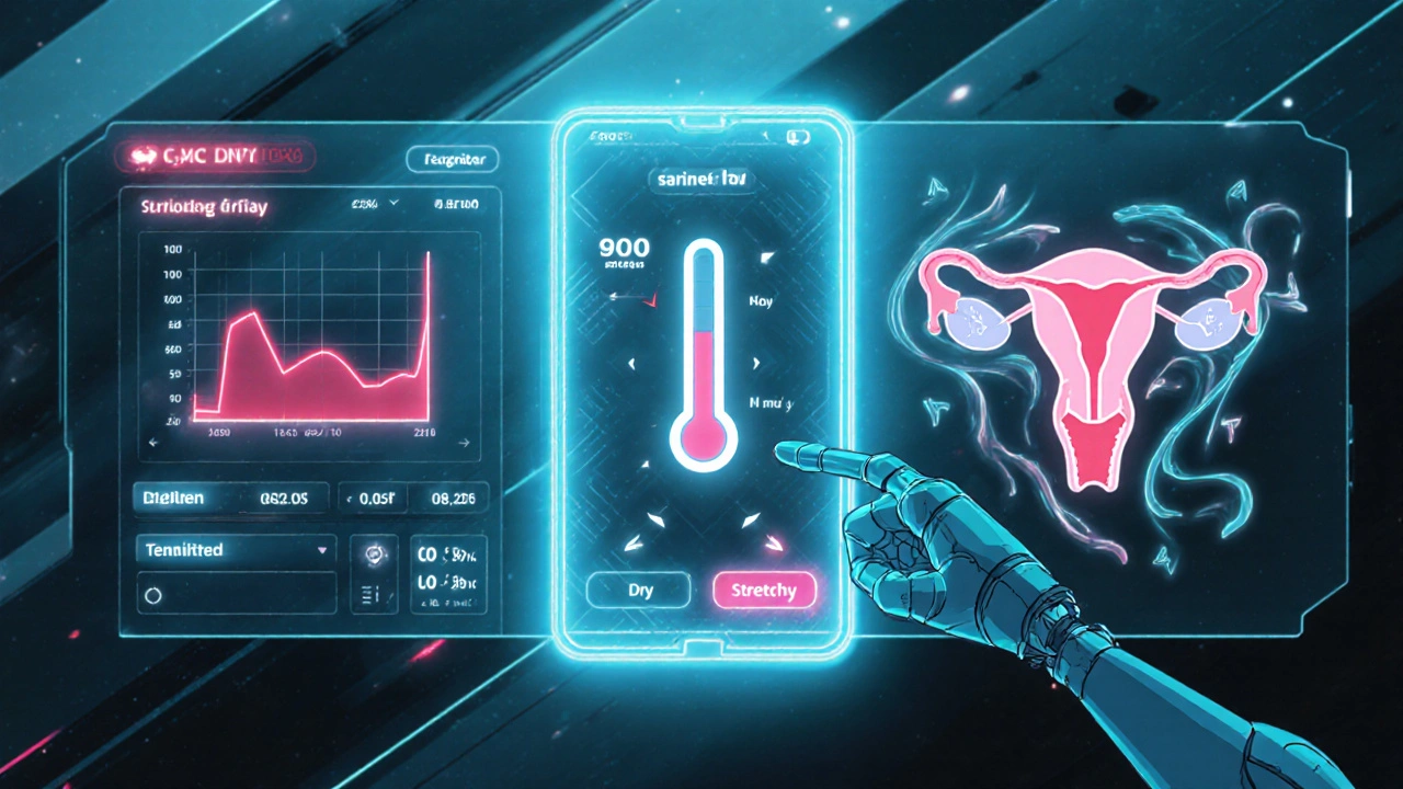 Split view of LH strip, BBT thermometer, and mucus diagram feeding into an app dashboard.