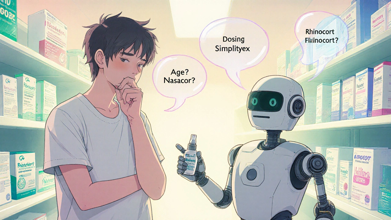 Teenager holding a nasal spray while a robot assistant points to other options on a pharmacy shelf.