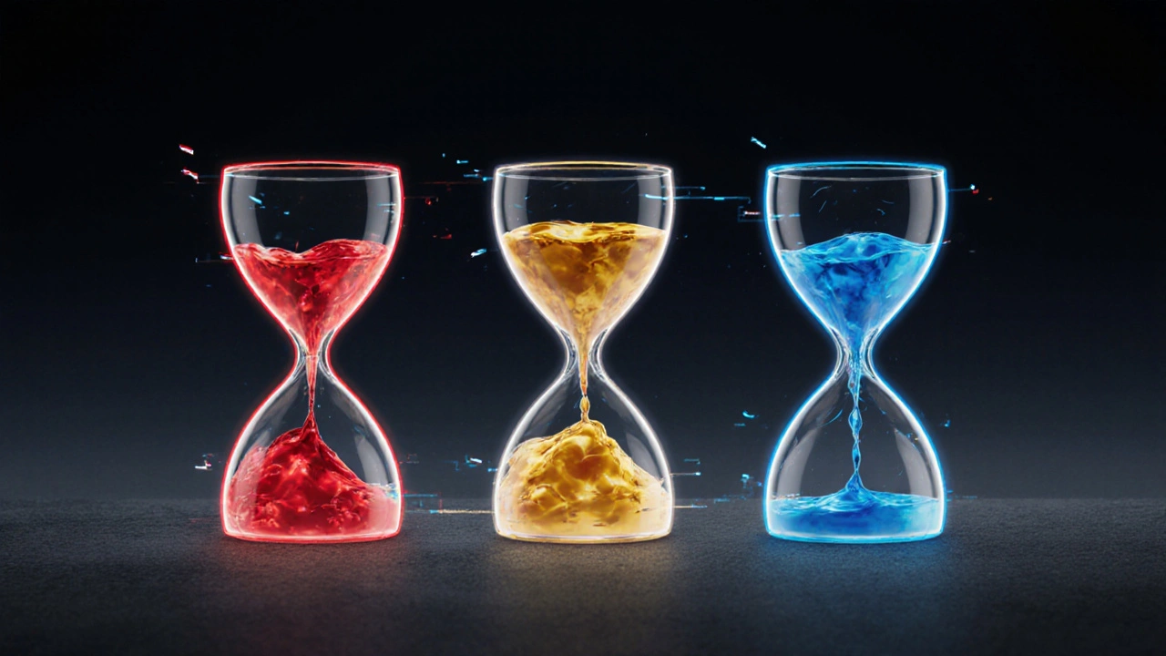 Three hourglass timers with red, amber, and blue liquid representing different drug onset speeds.