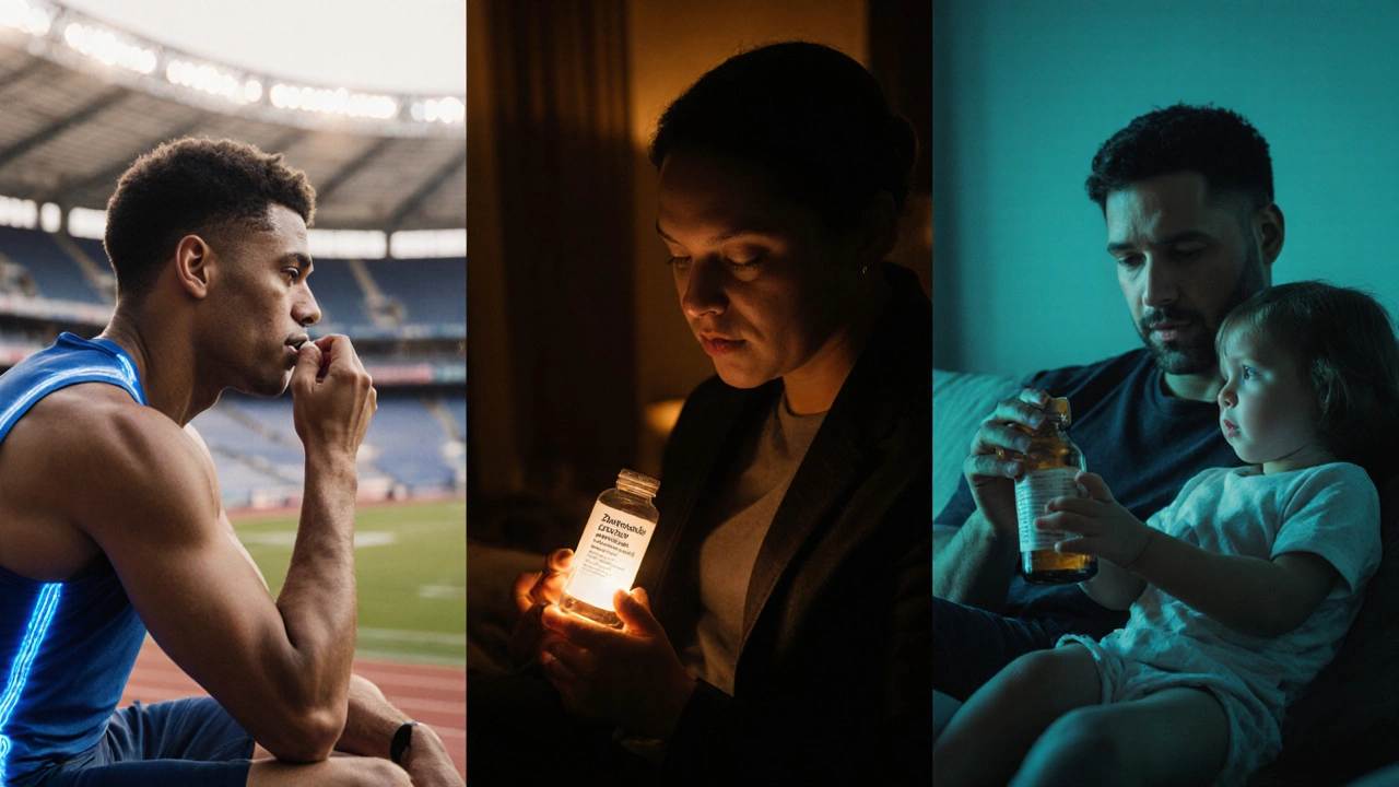Three lifestyle scenes showing an athlete, a night‑shift worker, and a parent each with a different muscle‑relaxant bottle.