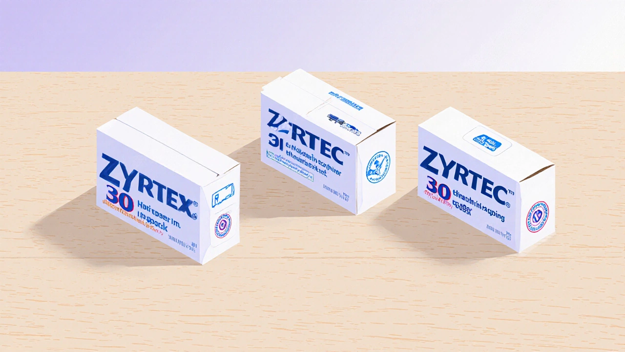 Three pharmacy boxes with Zyrtec packs, price tags, shipping icons, and TGA seals.