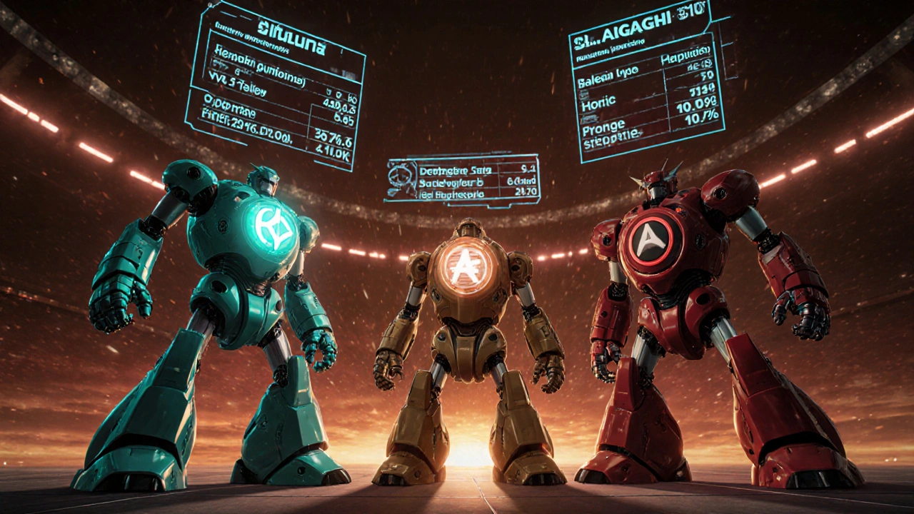 Three stylized robots representing Lasuna, Kyolic, and Garlicin face off with floating supplement stats.