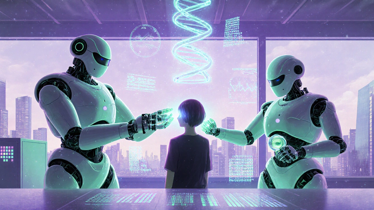 Two robots collaborate over a DNA helix, symbolizing future celecoxib combination therapy.