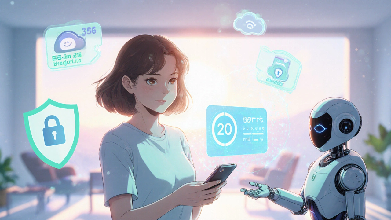 Woman receiving AI ovulation predictions and privacy icons from a friendly robot.