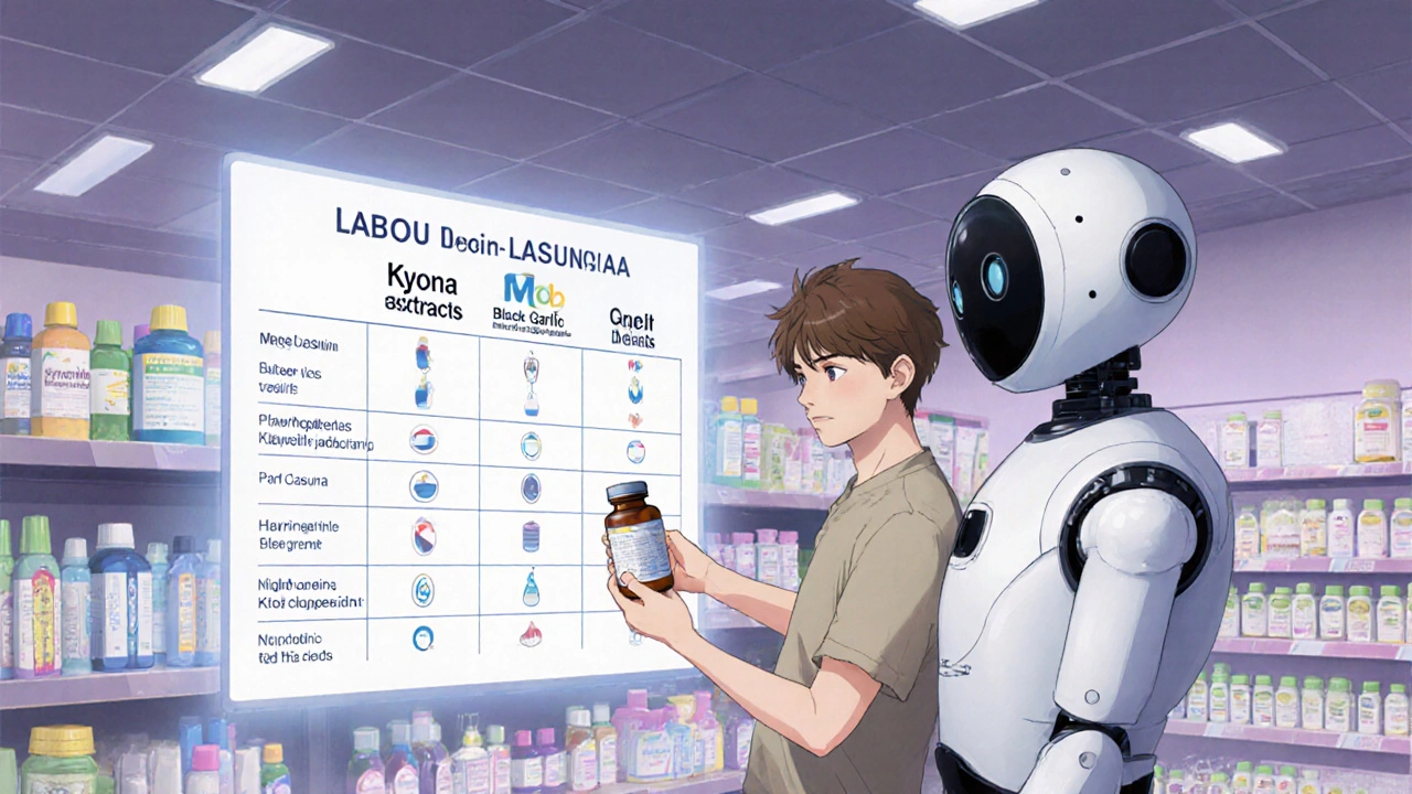 Young adult consulting a pharmacy robot that shows a 3D comparison of garlic supplements.