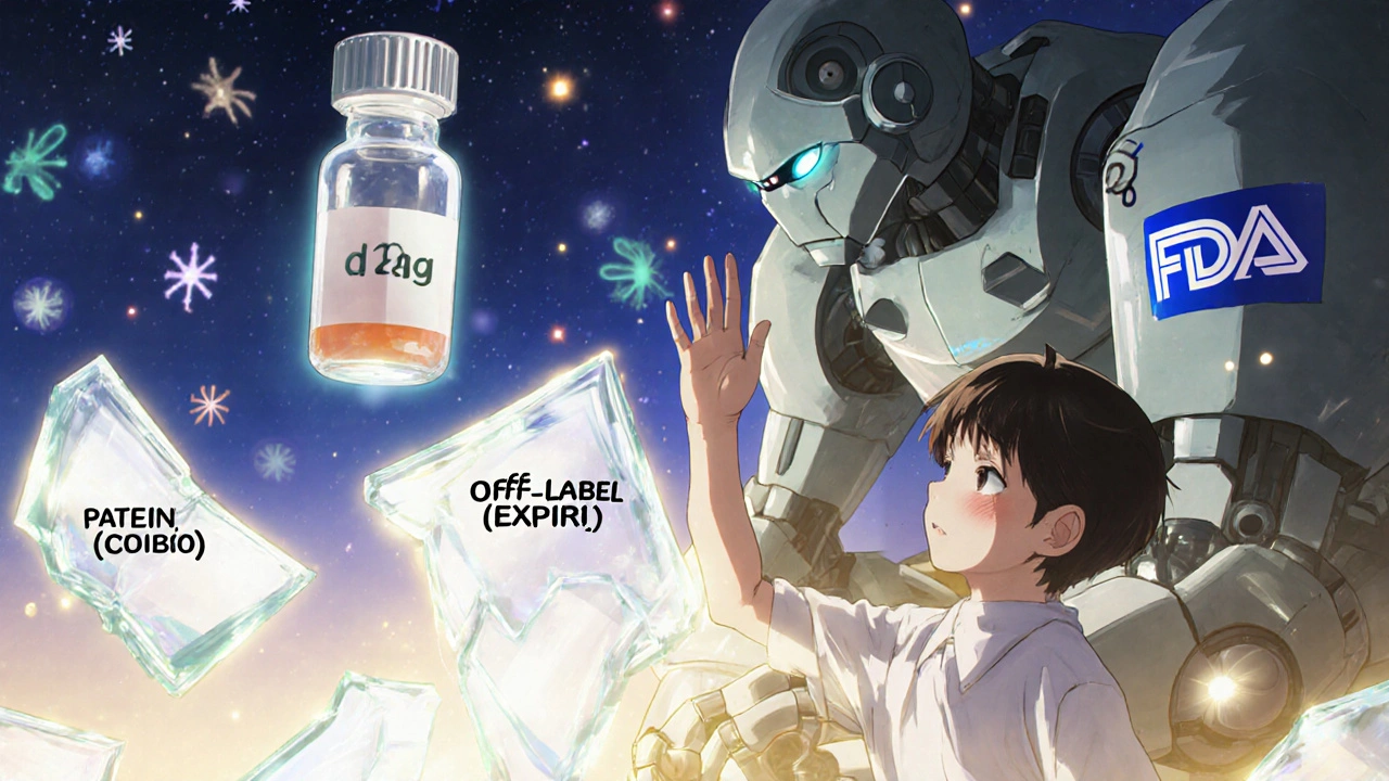 A child reaches for a drug vial as a protective FDA mech kneels beside them in a starry night.