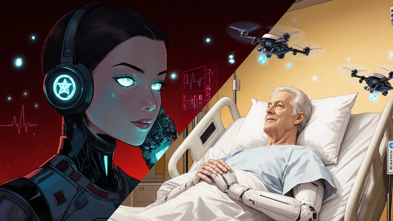 A crisis counselor interacts with a patient in ICU, surrounded by medical drones and glowing vitals.