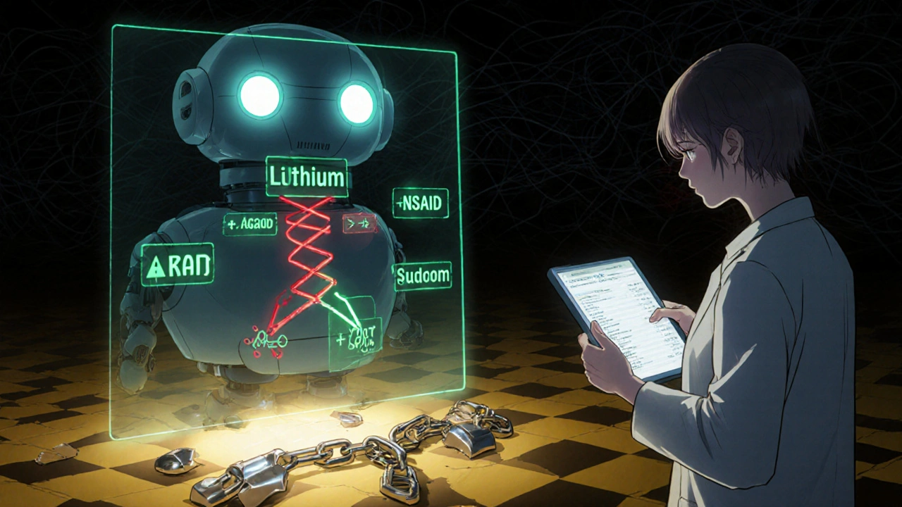 A futuristic pharmacy robot analyzing genetic data to prevent dangerous drug interactions.