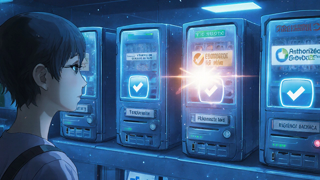 A patient in a pharmacy aisle choosing an authorized generic pill dispenser glowing with reassurance.