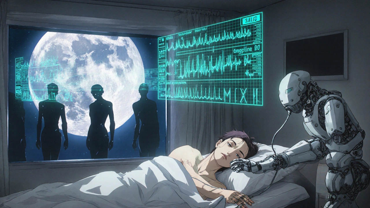 A patient in a sleep lab with holographic brain data showing disrupted sleep patterns.